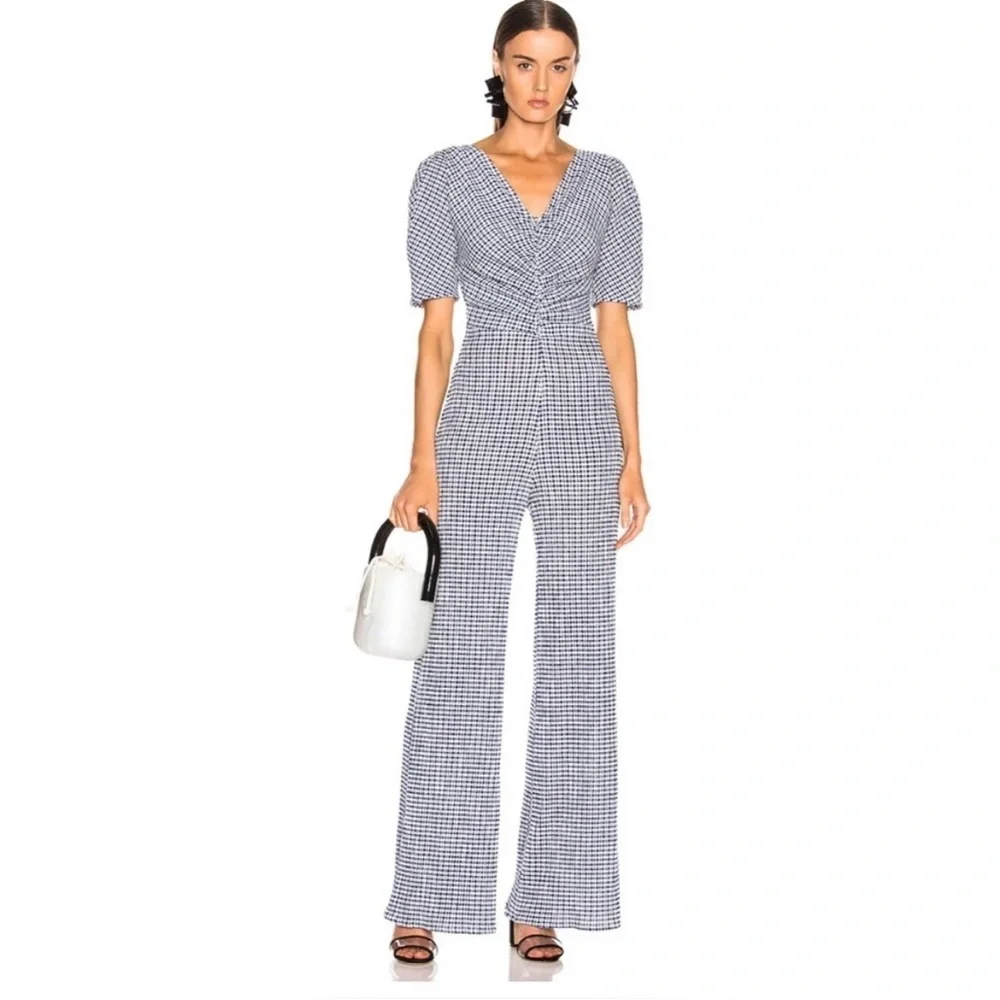 Staud Fraise Gingham Seersucker Ruched Short Sleeve Jumpsuit Navy New Size 6